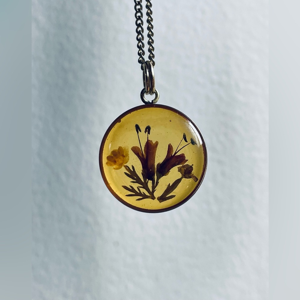Vintage Real Dried Flower Necklace With Avon Chain